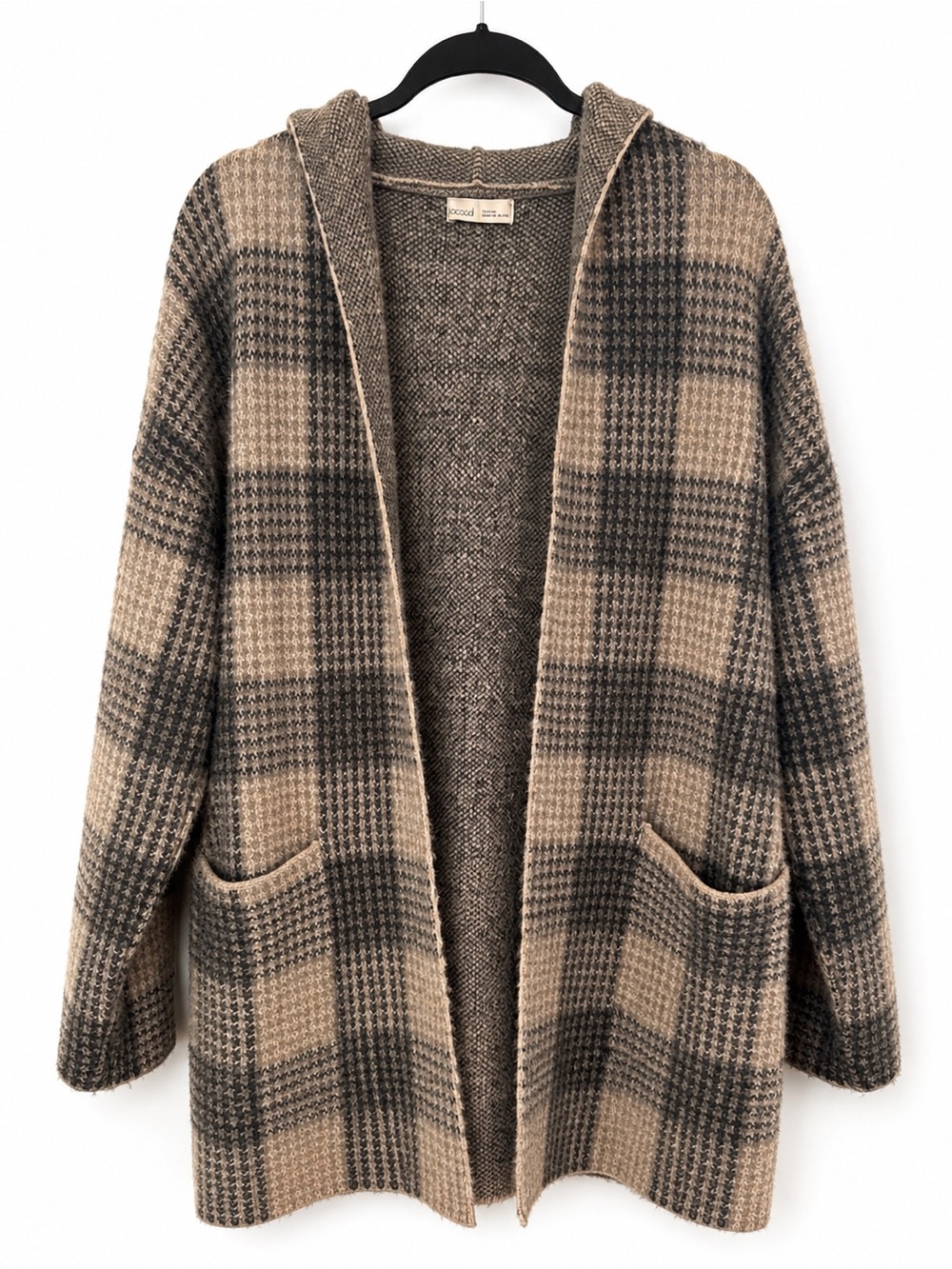 Bécool Plaid Hooded Open Front Cardigan Gray Beige Neutral Cozy Knit Sweater M/L